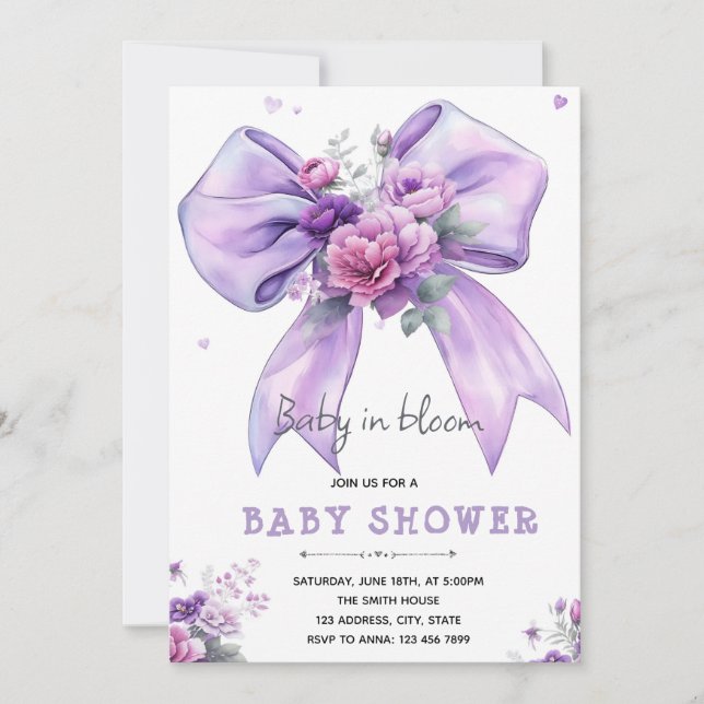 Invitation bébé en fleurs avec un nœud violet (Devant)