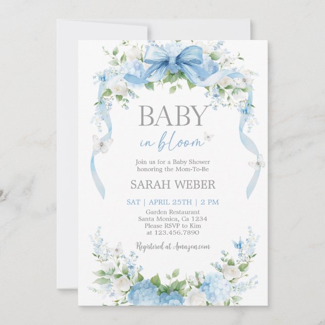 Invitation Bébé en fleurs Baby Shower Bleu (Devant)