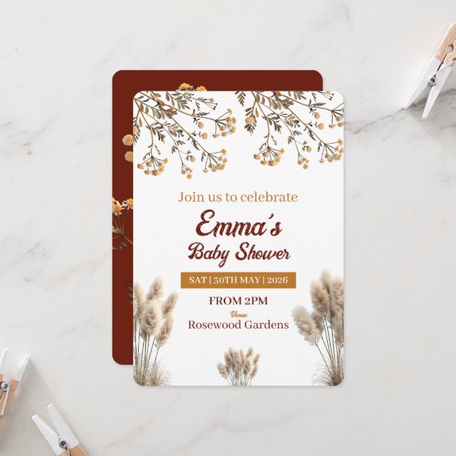Invitation Bébé en fleurs Baby Shower Bohème Pampas Fleur Sau (Devant/Arrière en situation)