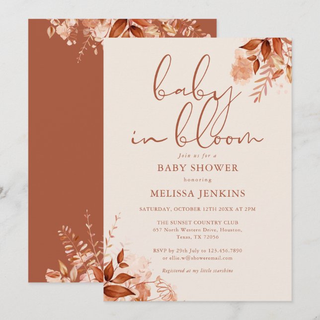 Invitation Bébé en fleurs Baby Shower d'automne (Devant / Derrière)