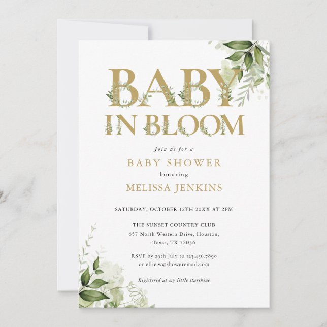 Invitation Bébé en fleurs Baby shower de verdure or (Devant)