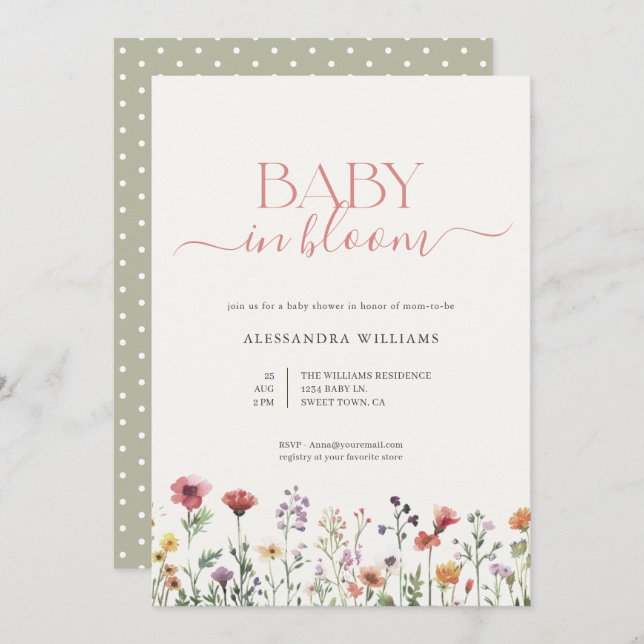 Invitation Bébé en fleurs Baby shower floral (Devant / Derrière)