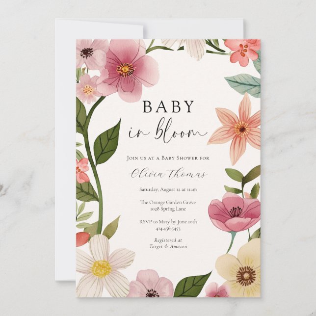 Invitation Bébé en fleurs Baby shower floral (Devant)