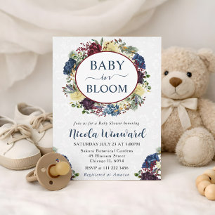 Invitation Bébé en fleurs Baby shower floral marine et burgun