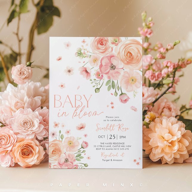 Invitation Bébé en fleurs Baby shower floral rose (Baby in Bloom Floral Baby Shower Invitation)