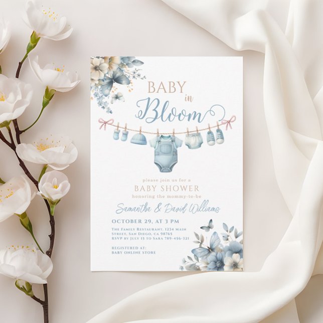Invitation Bébé en fleurs Baby shower papillon bleu fleur (Créateur téléchargé)