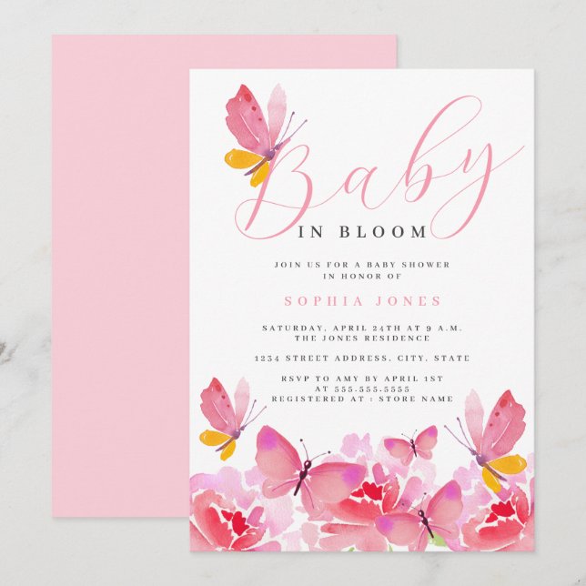 Invitation Bébé en fleurs Baby shower papillon rose floral (Devant / Derrière)