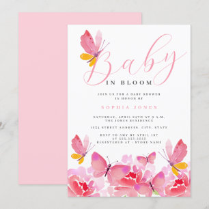 Invitation Bébé en fleurs Baby shower papillon rose floral