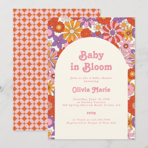 Invitation Bébé en fleurs Baby Shower Rétro Groovy Floral