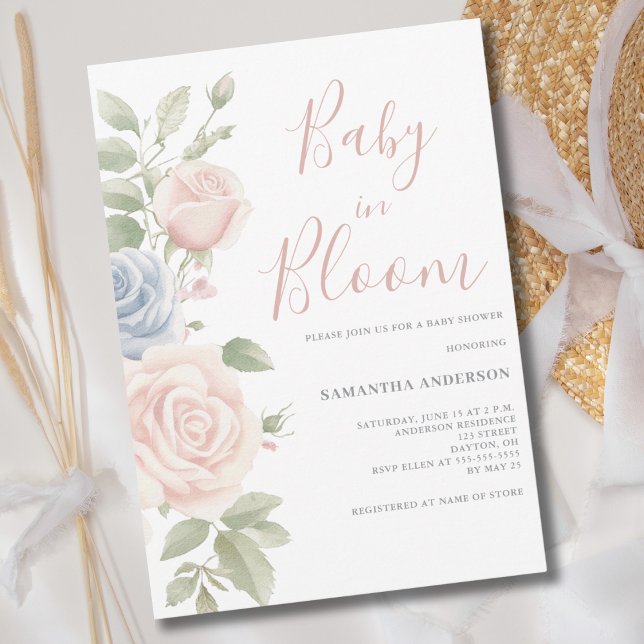 Invitation Bébé en fleurs Baby Shower rose et bleu (Créateur téléchargé)