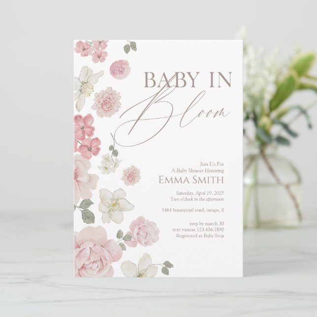 Invitation Bébé en fleurs Baby Shower Rose Fleurie (Debout devant)