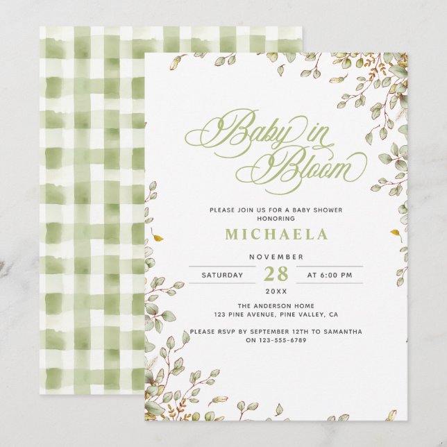 Invitation Bébé en fleurs Baby Shower rustique feuilles aquar (Devant / Derrière)