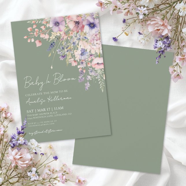 Invitation Bébé en fleurs Baby Shower Vert Sauge (Baby In Bloom Sage Green Baby Shower Invitation)