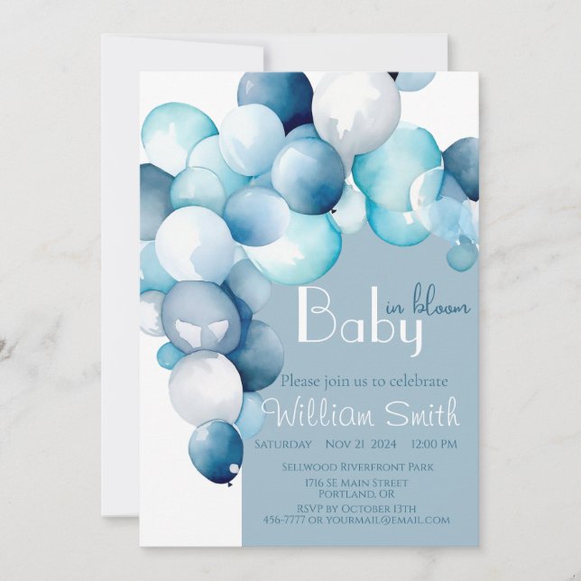 Invitation Bébé en fleurs bleu ballon baby shower arc (Devant)