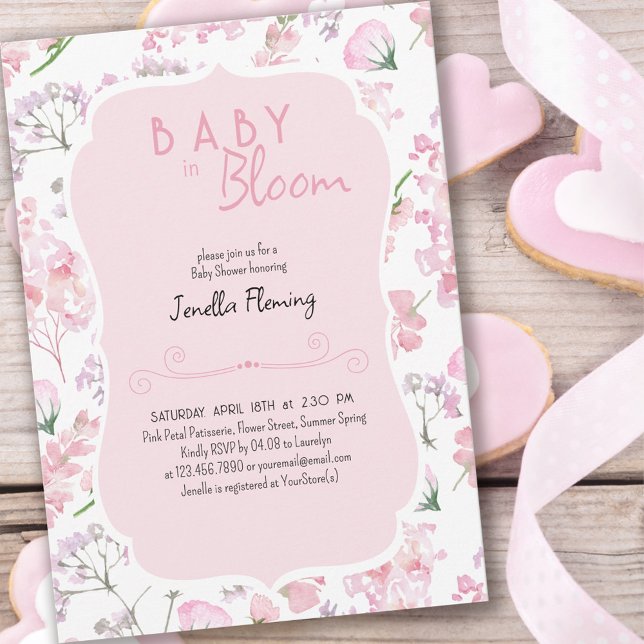 Invitation Bébé en fleurs Douce Fête de Naissance Rose (Créateur téléchargé)