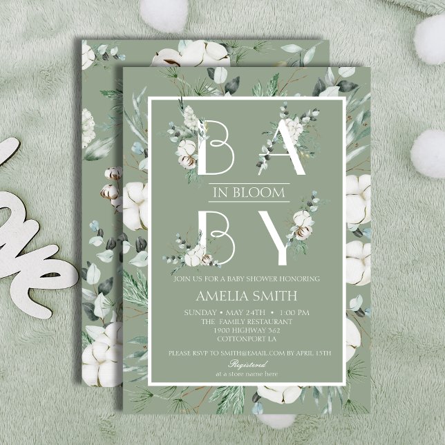 Invitation Bébé en fleurs élégant vert sauge floral (Créateur téléchargé)