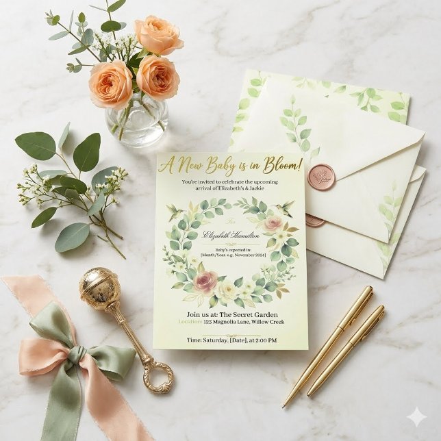 Invitation Bébé en fleurs | Élégante flore botanique (Créateur téléchargé)