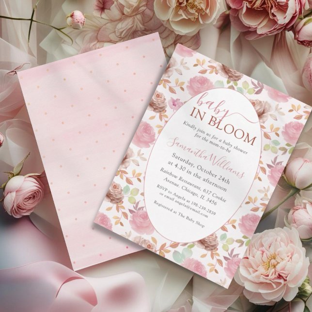 Invitation Bébé en fleurs Fard à joues et fleurs roses pour B (Créateur téléchargé)