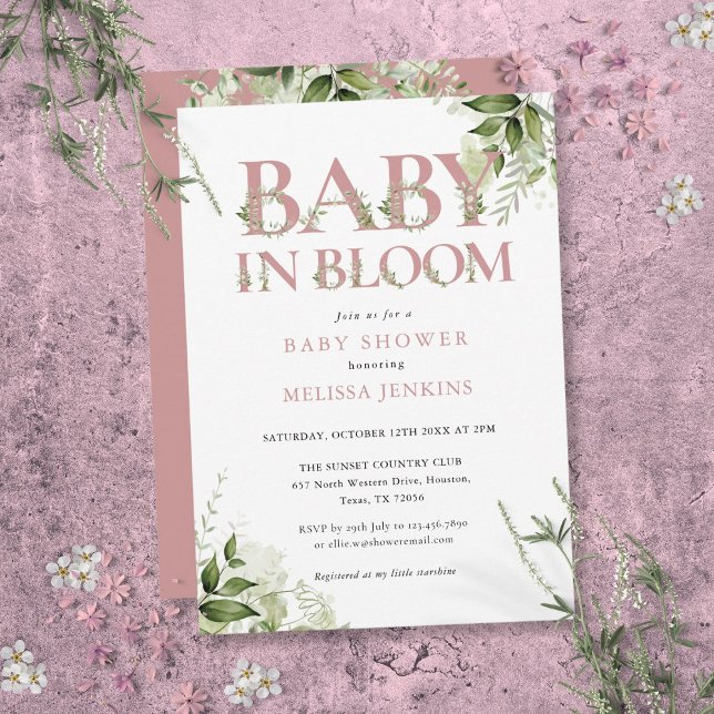 Invitation Bébé en fleurs Fête de bébé Dusty Rose Rose Pâle e (Baby In Bloom Dusty Rose Pink Greenery Baby Shower Invitation)