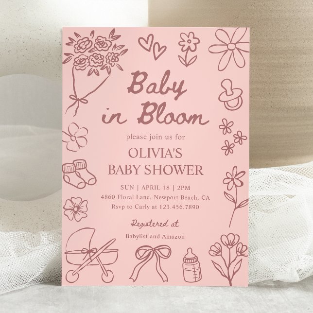 Invitation Bébé en fleurs Fête de bébé fille dessinée à la ma (Créateur téléchargé)