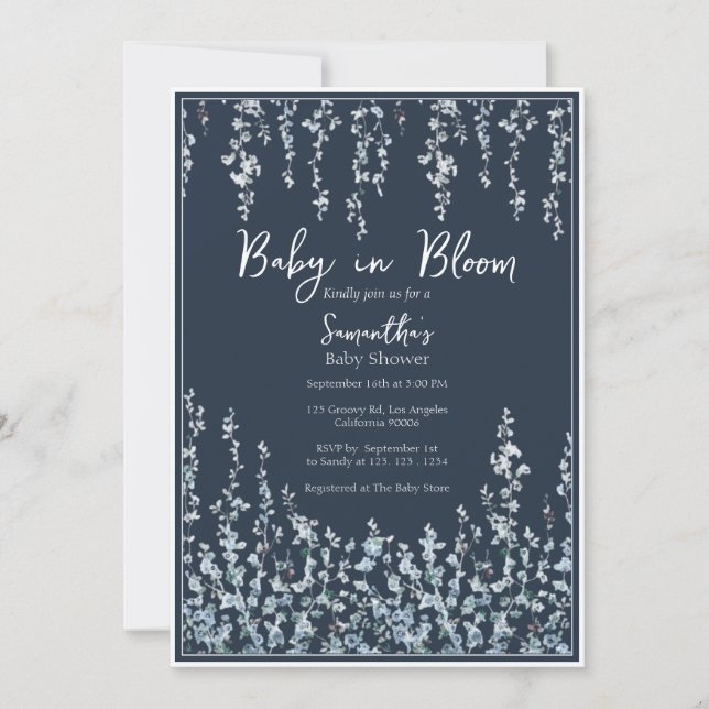 Invitation Bébé en fleurs Fête de bébé Fleur sauvage Bleu fon (Devant)