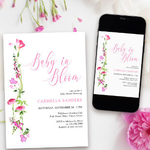 Invitation Bébé en fleurs Fête de bébé Fleur sauvage rose