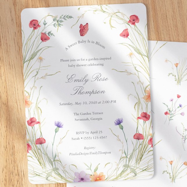 Invitation Bébé en fleurs - Fête de naissance de bébé fille p (Baby in Bloom-Wildflower Spring Meadow-Baby Girl Shower Invitation)