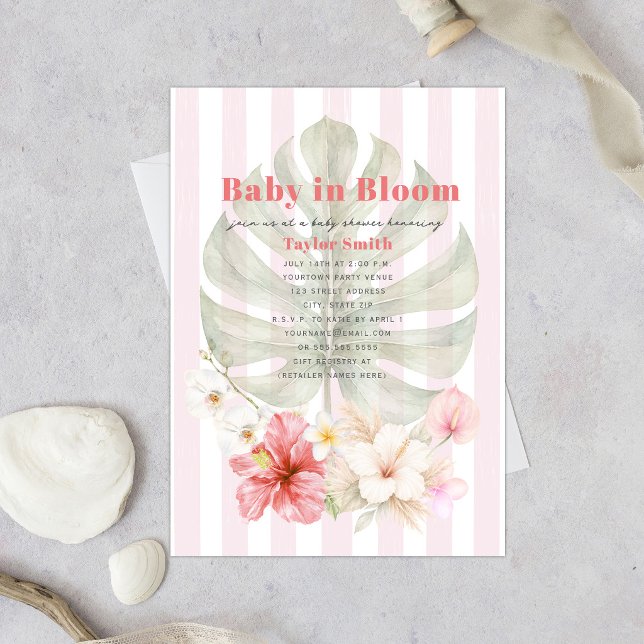 Invitation Bébé en fleurs Fleur d'Hibiscus Palmée Rayure Baby (Créateur téléchargé)