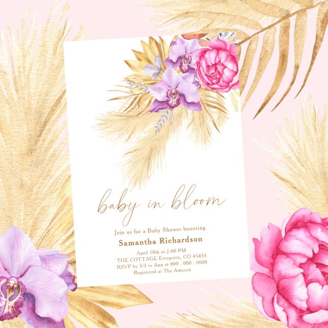 Invitation Bébé en fleurs Herbe de Pampas Bohème Rose Baby Sh (Créateur téléchargé)