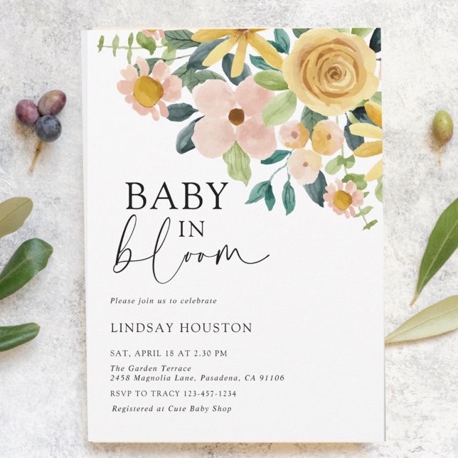Invitation Bébé en fleurs jaune floral (Créateur téléchargé)