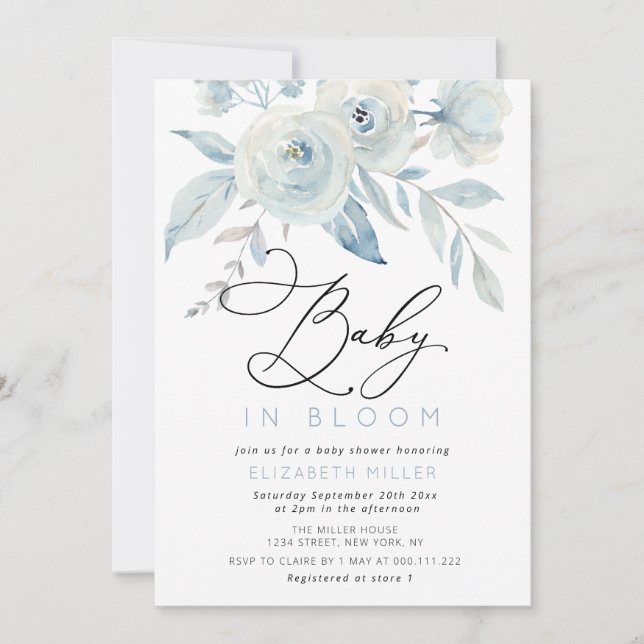 Invitation bébé en fleurs lettrage bleu baby shower floral (Devant)