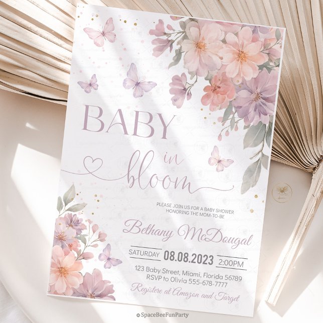 Invitation Bébé en fleurs Papillon Fête de naissance de bébé  (Babby in Bloom Butterfly Baby Shower Invitation  Pink Purple Butterflies Wildflower Garden )