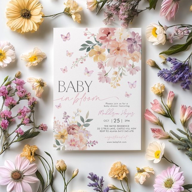 Invitation Bébé en fleurs papillon floral Baby shower de pêch (Baby in Bloom Butterfly Floral Baby Shower Invitation in peach, purple and pink)