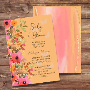 Invitation Bébé en fleurs papillon, pêches et fleurs roses