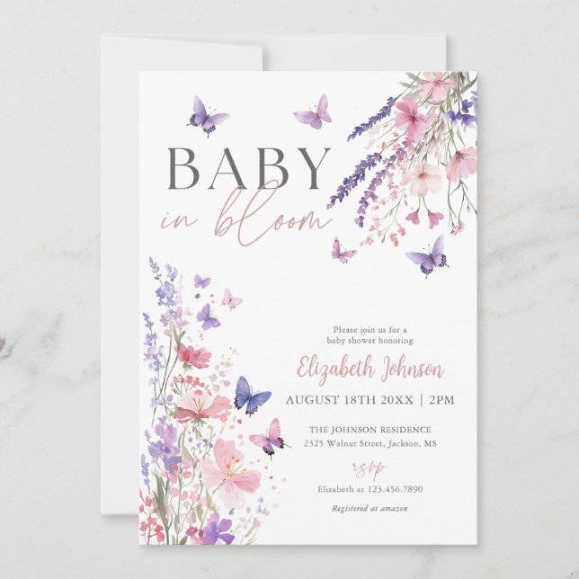 Invitation Bébé en fleurs papillons Baby shower Fleur sauvage (Devant)
