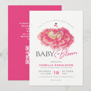 Invitation Bébé en fleurs rose bébé douche QR code RSVP