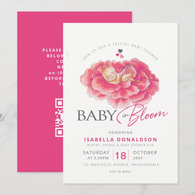 Invitation Bébé en fleurs rose bébé douche QR code RSVP (Devant / Derrière)