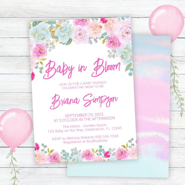 Invitation Bébé en fleurs rose bleu pêche Fête prénatale (Créateur téléchargé)