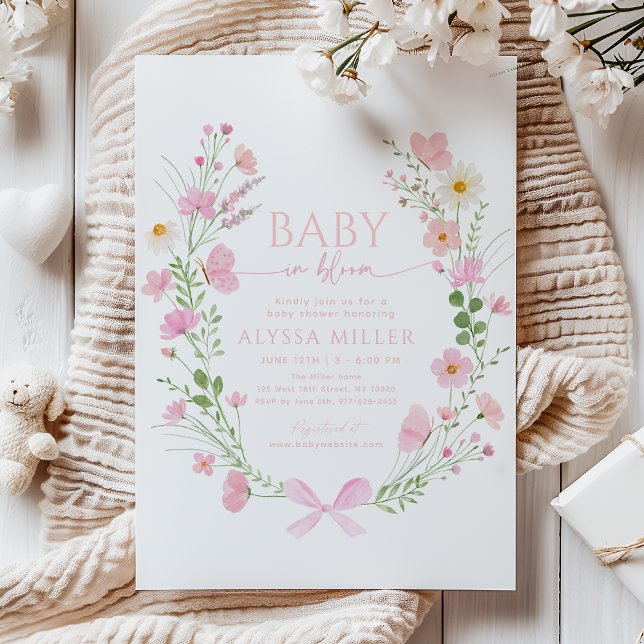 Invitation Bébé en fleurs rose pêche Fête de bébé sauvage (Créateur téléchargé)