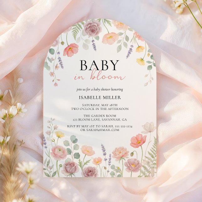 Invitation Bébé en fleurs rose sarcelle florale de printemps  (Baby In Bloom Blush Teal Spring Floral Shower Arch Invitation)