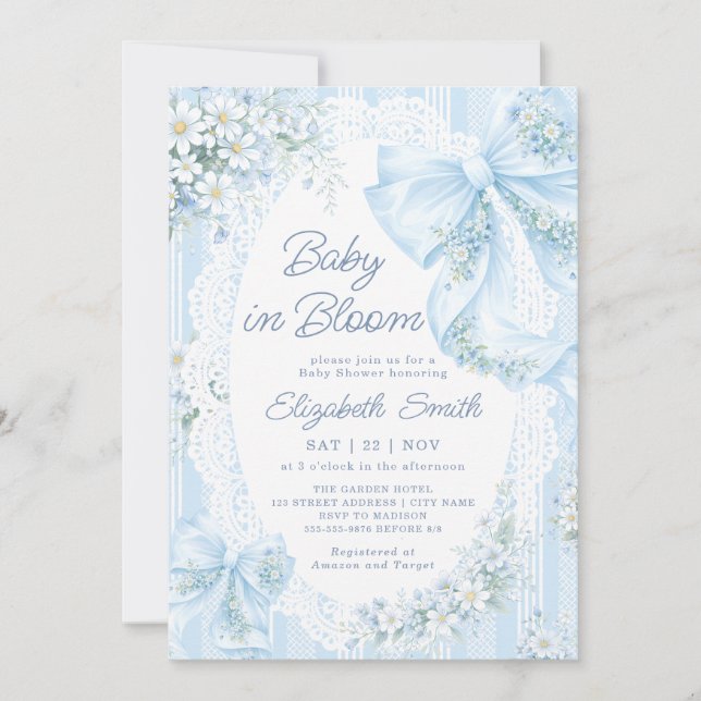 Invitation Bébé en fleurs ruban bleu Baby Shower (Devant)