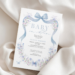 Invitation Bébé en fleurs ruban bleu sauvage garçon Baby Show