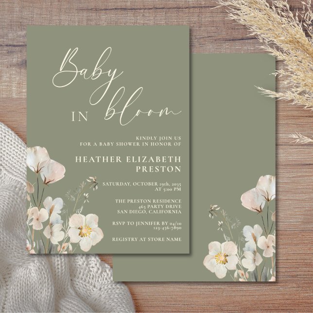 Invitation Bébé en fleurs Sage Baby shower Fleur sauvage vert (Créateur téléchargé)