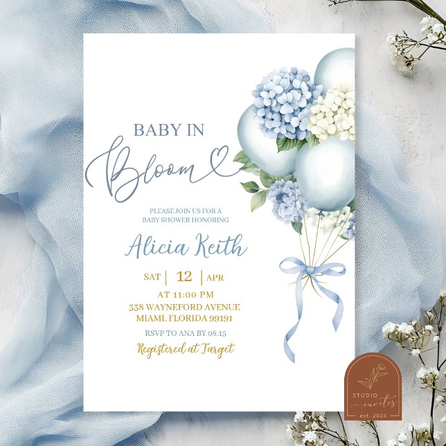 Invitation Bébé en fleurs shower bébé ballon hydrangea bleu (Créateur téléchargé)