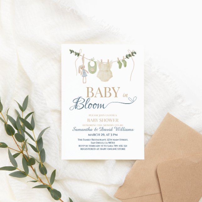 Invitation Bébé en fleurs sur une corde à linge botanique ble (Créateur téléchargé)