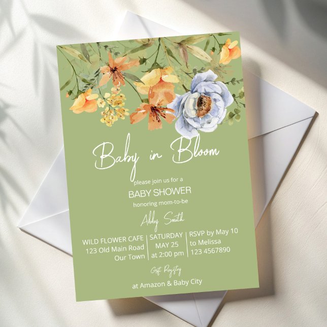 Invitation Bébé en fleurs vert sauge baby shower  (Baby in bloom sage green yellow blue wild flowers summer baby shower invitation cards template)