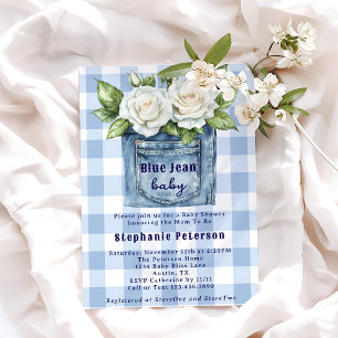 Invitation Bébé en Jean Bleu Fleur Gingham Garçon Baby Shower