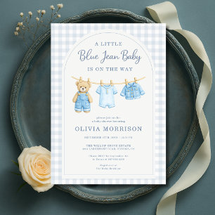 Invitation Bébé en Jean Bleu Ours en Peluche Baby Shower 