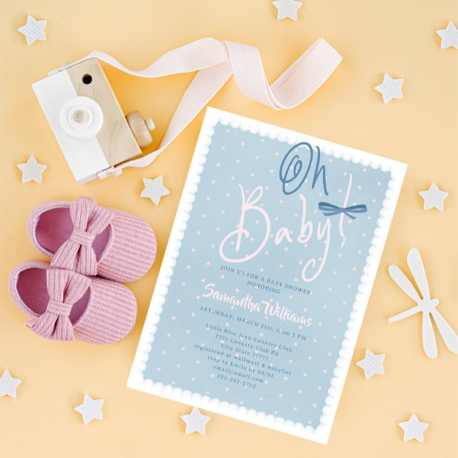 Invitation Bébé en Jean Bleu Points Roses Fille Baby Shower (Blue Jean Oh Baby Pink Polka Dots Denim Coquette Bow Western Country Girl Baby Shower Invitation)