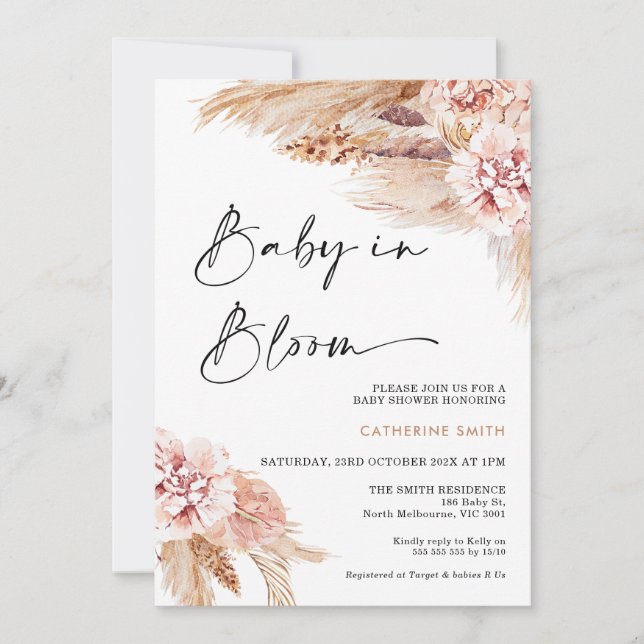 Invitation Bébé en laiton flush Boho Pampas en fleur (Devant)